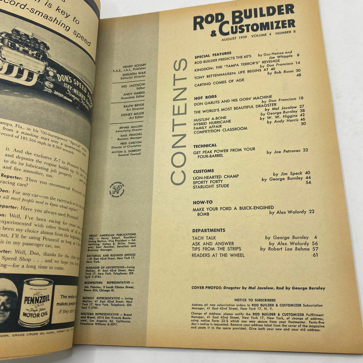 Contents page of Rod Builder & Customizer Magazine August 1959 displaying various articles and features related to hot rods, drag racing, and customization techniques.