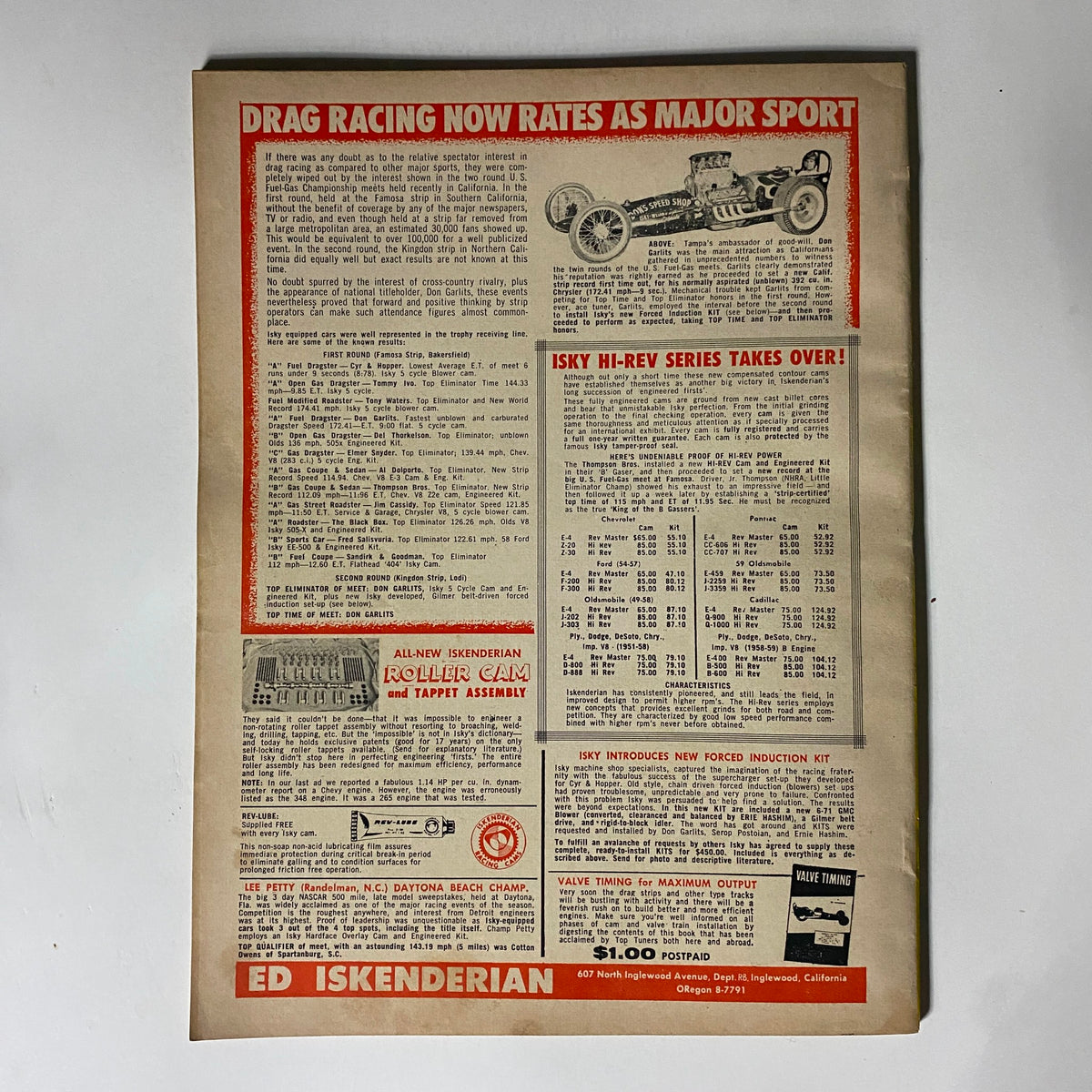 Back page of Rod Builder & Customizer Magazine August 1959 advertising drag racing as a major sport with details on competition statistics and product offerings.