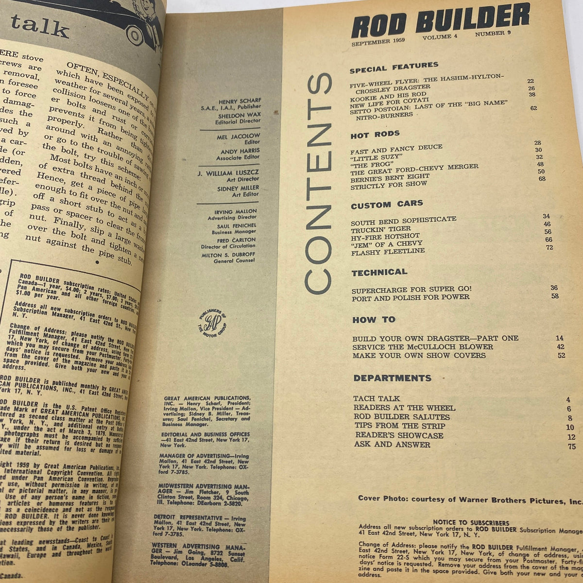 Inside page of VTG Rod Builder Magazine September 1959 displaying the contents section, highlighting features on hot rods, custom cars, and technical articles for enthusiasts.