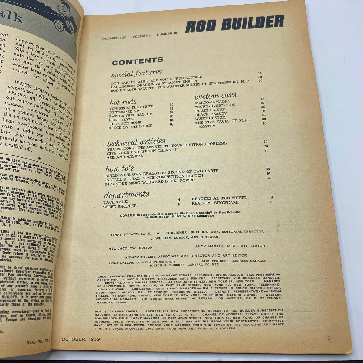 Interior page of VTG Rod Builder Magazine October 1959 showing the table of contents, including articles on hot rods and custom cars.