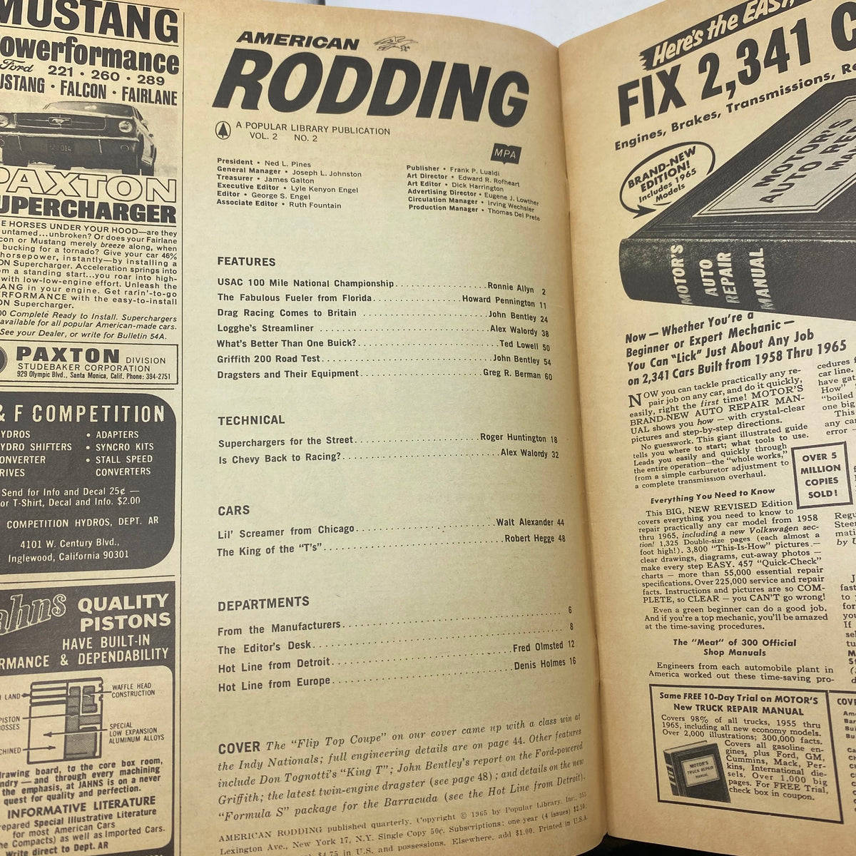 Interior page of American Rodding Magazine June 1965, displaying features and technical articles related to automotive performance, including insights into drag racing.