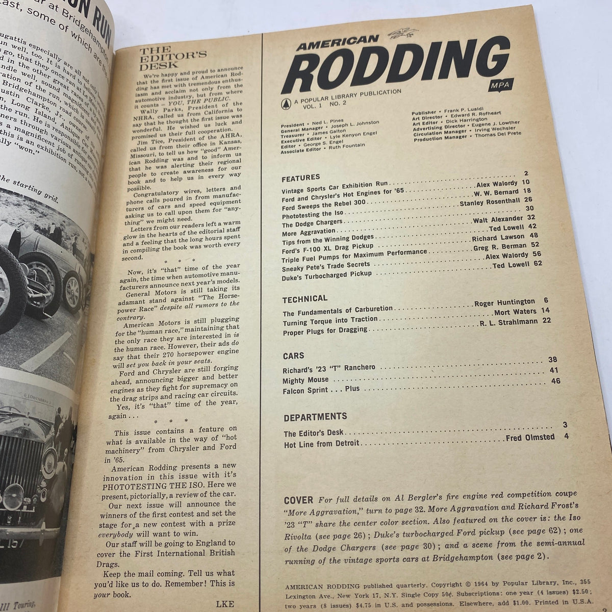 Editorial page from the VTG American Rodding Magazine December 1964 detailing features, technical articles, and editor's notes relevant to the classic car culture of the era.