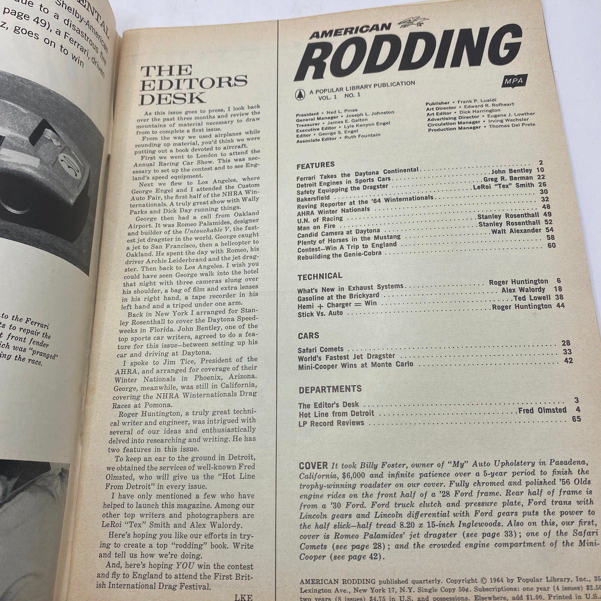Inside spread of VTG American Rodding Magazine September 1964 showcasing 'The Editor's Desk'. Contains highlights and features about automotive insights from the 1960s, emphasizing the era's love for the Ford Mustang.