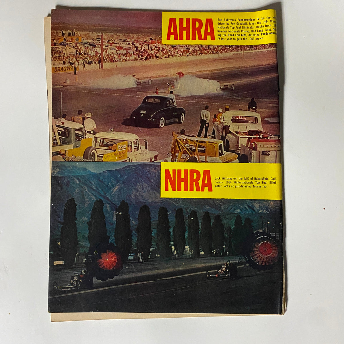 Back cover of VTG American Rodding Magazine September 1964 displaying images from NHRA events. Featuring highlights of classic drag racing scenes, encapsulating the excitement of mid-20th century American motorsports.