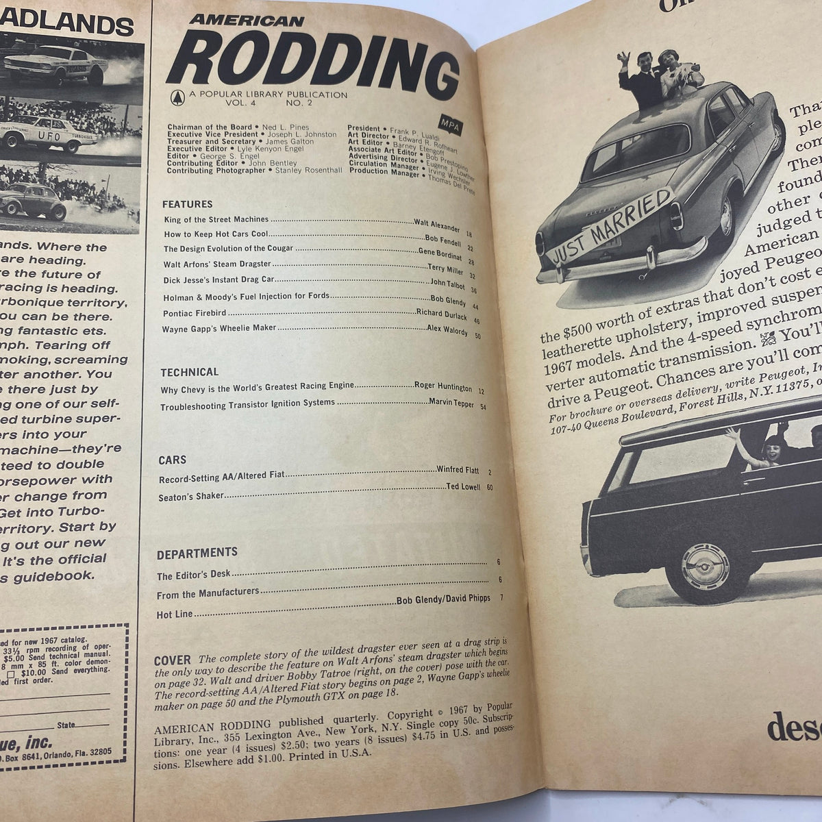 Inside page of VTG American Rodding Magazine June 1967 detailing features, technical insights, and articles including Wayne Gapp's Wheelie Maker.