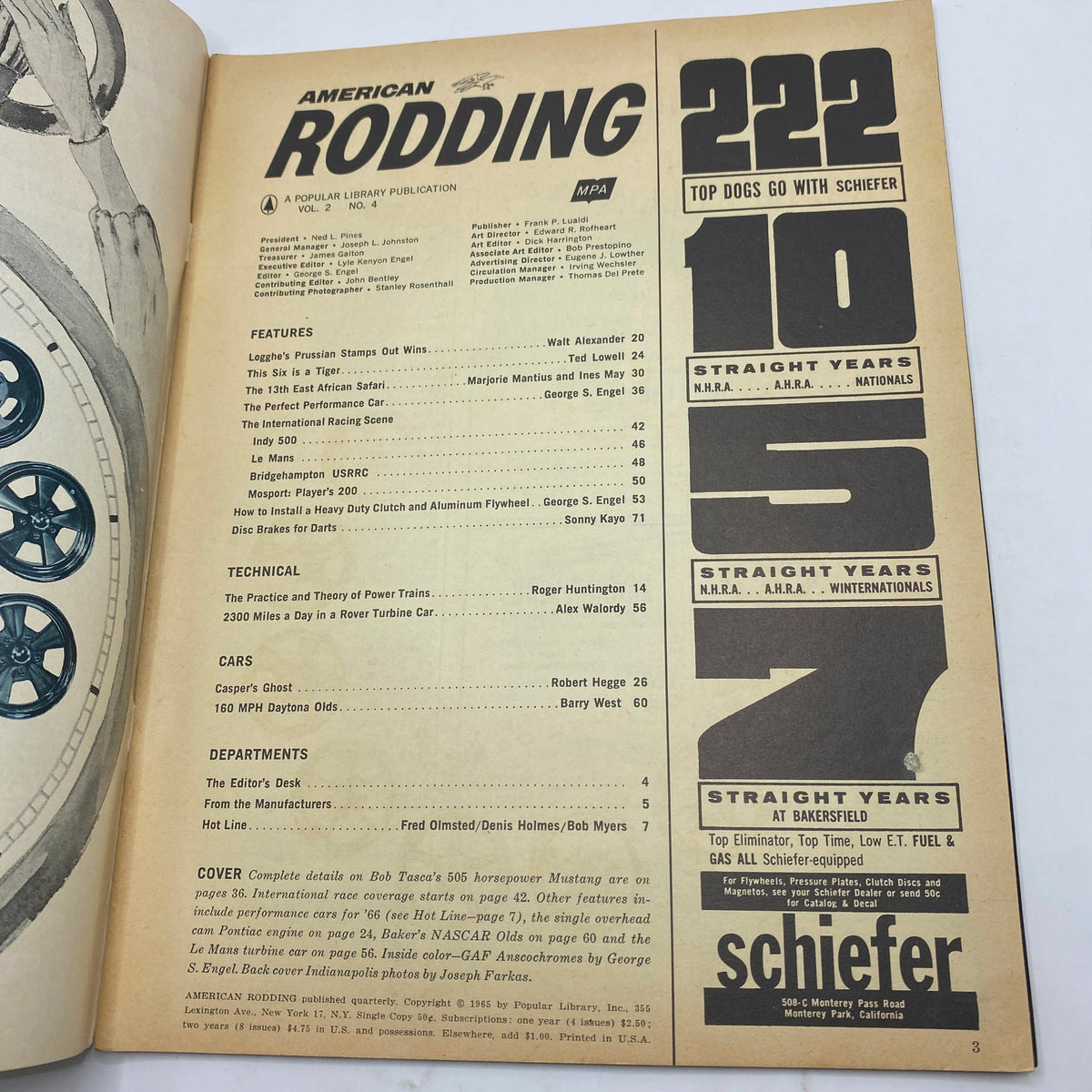 Content page of the December 1965 issue of American Rodding Magazine, listing features and articles including Buck Baker's contributions.
