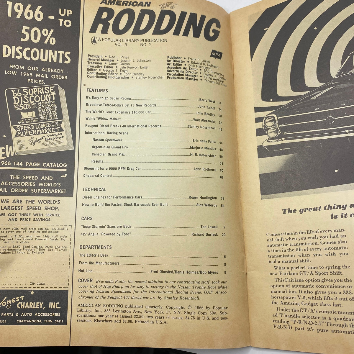 Interior page of American Rodding Magazine June 1966, featuring article listings and editorial credits, reflecting the publication's vintage character and focus on automobile performance.