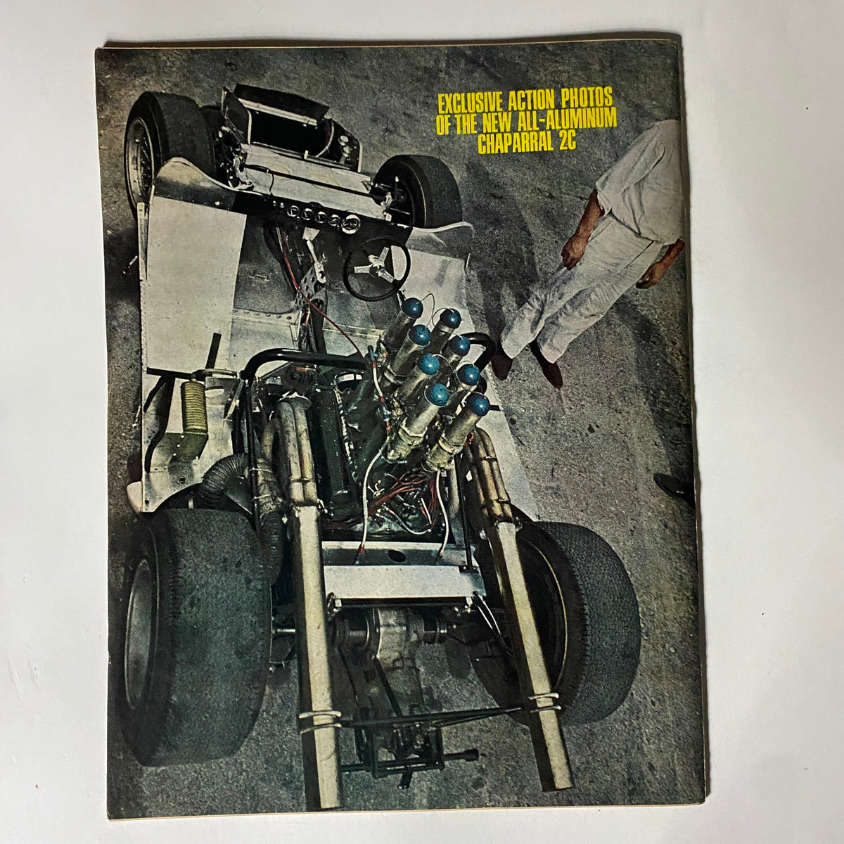 Back cover of American Rodding Magazine June 1966, displaying an exclusive action photo of the all-aluminum Chaparral 2C, illustrating advancements in racing technology.