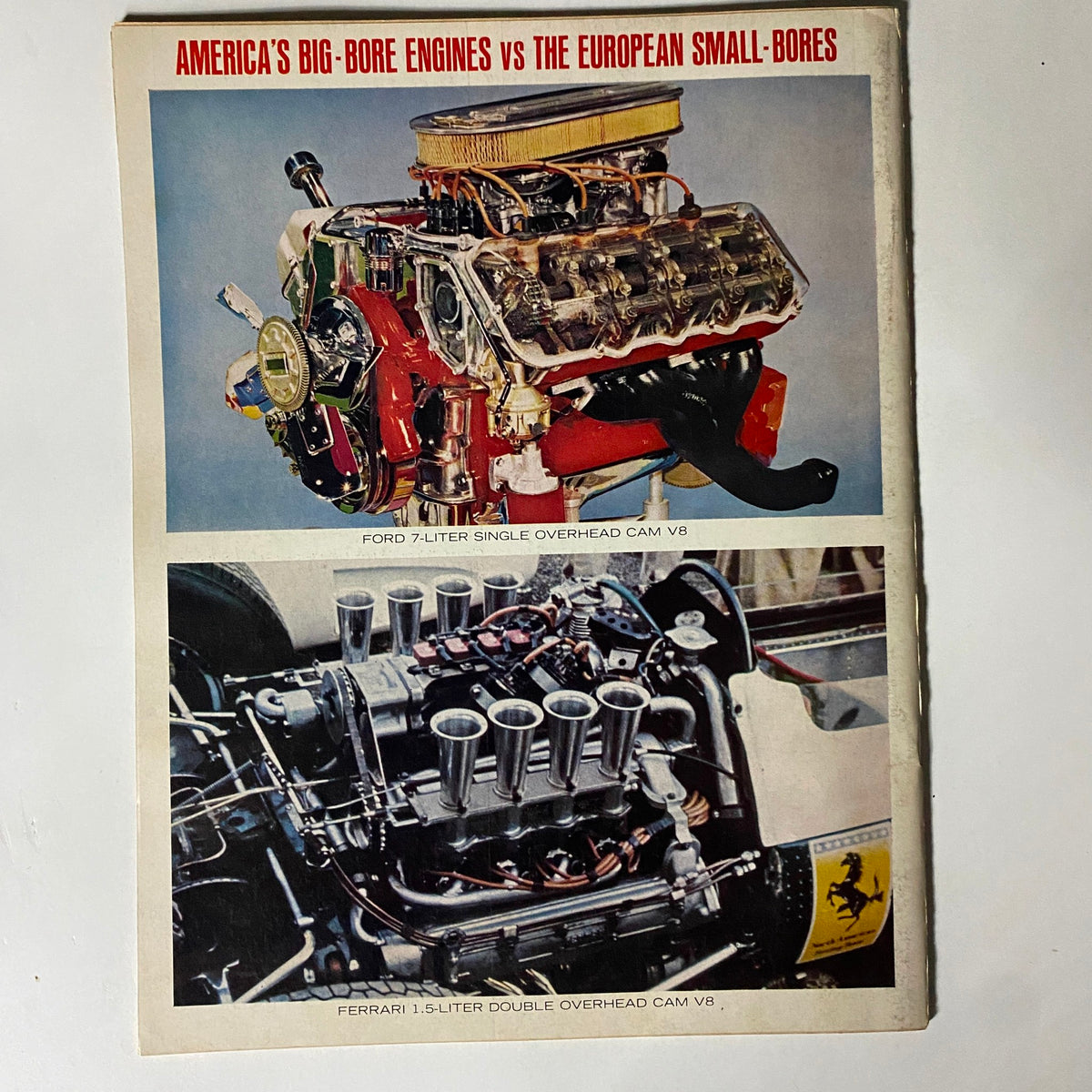 Image from VTG American Rodding Magazine September 1966 comparing America's big-bore engines vs European small-bores, highlighting automotive innovation.