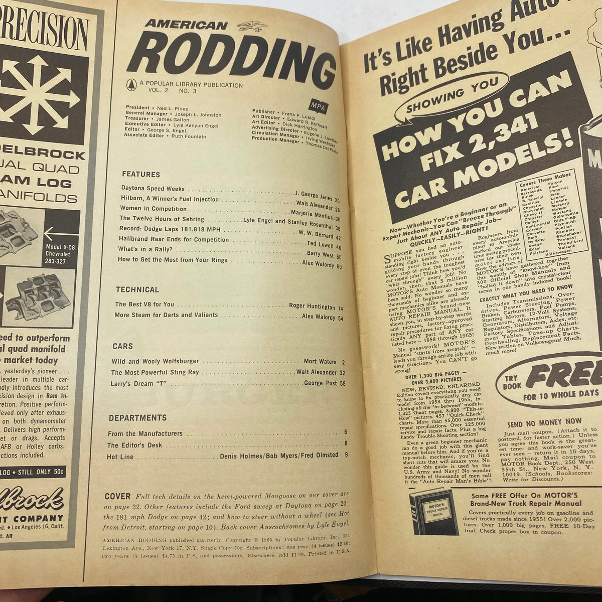 Interior page of American Rodding Magazine September 1965 detailing features and content including 'Women in Competition', highlighting articles and technical information relevant to automotive enthusiasts.