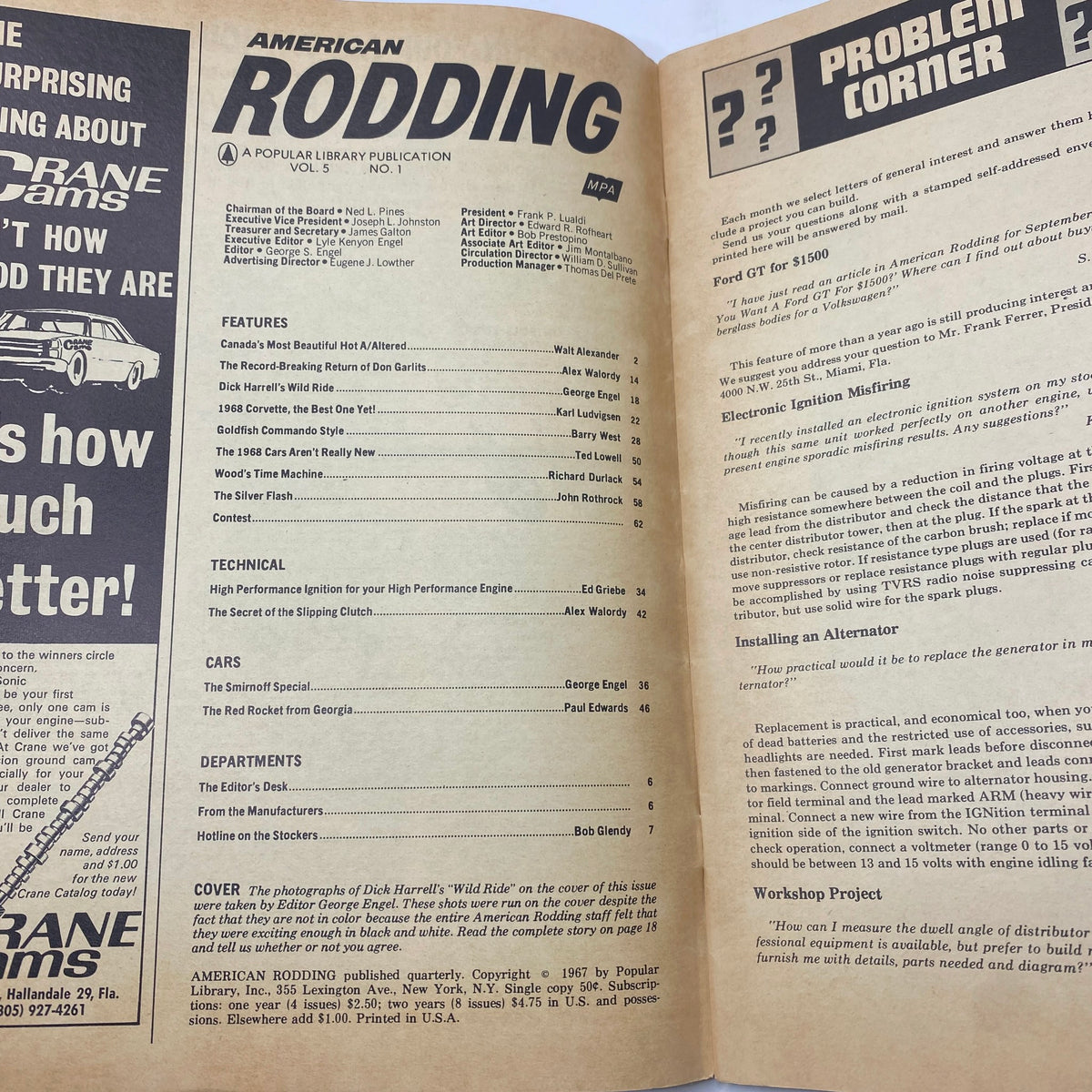 Interior page of American Rodding Magazine March 1968, highlighting features including Dick Harrell's Wild Ride and technical articles related to performance cars.