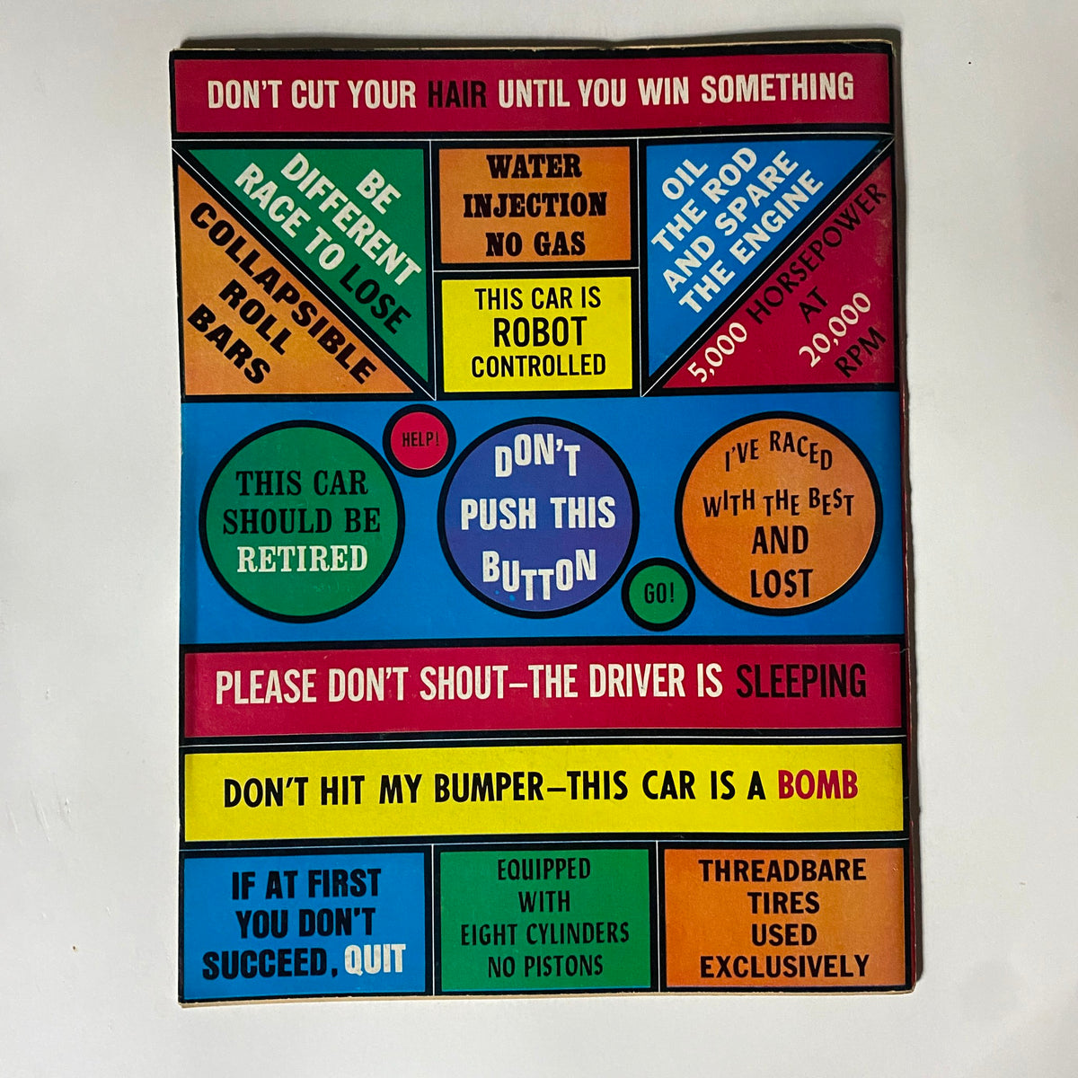 Back cover of American Rodding Magazine March 1968, featuring humorous texts and graphics related to car racing and modifications.