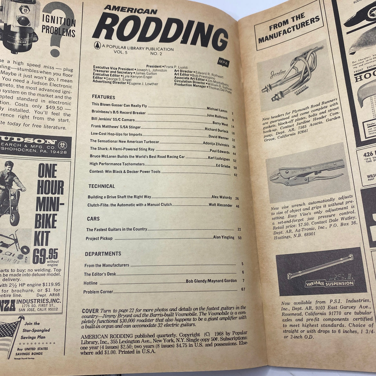 Interior page of American Rodding Magazine from June 1968, containing articles and features, including details about the fastest guitars in the country and automotive technical information.