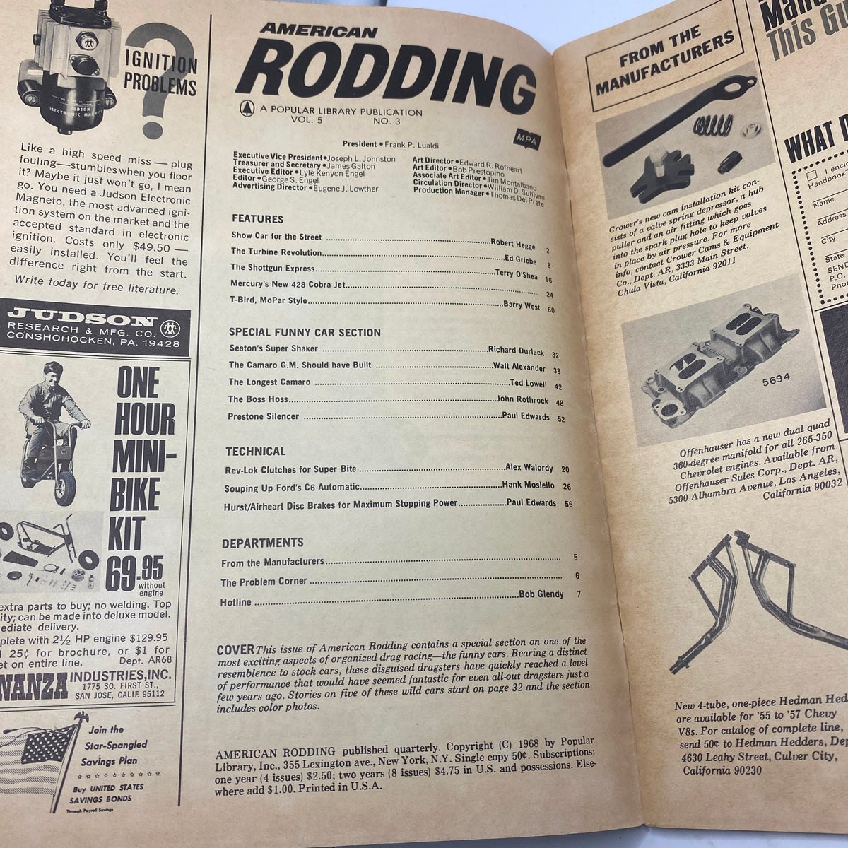 Inside page of the September 1968 American Rodding Magazine, showcasing features, articles, and technical sections about drag racing and automotive culture.