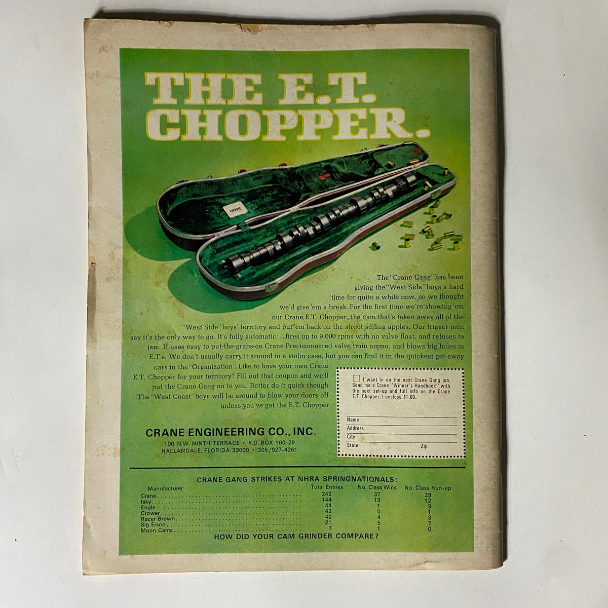 Back cover of VTG American Rodding Magazine December 1968, showcasing an advertisement for the E.T. Chopper, highlighting its features and performance enhancements for automotive enthusiasts.