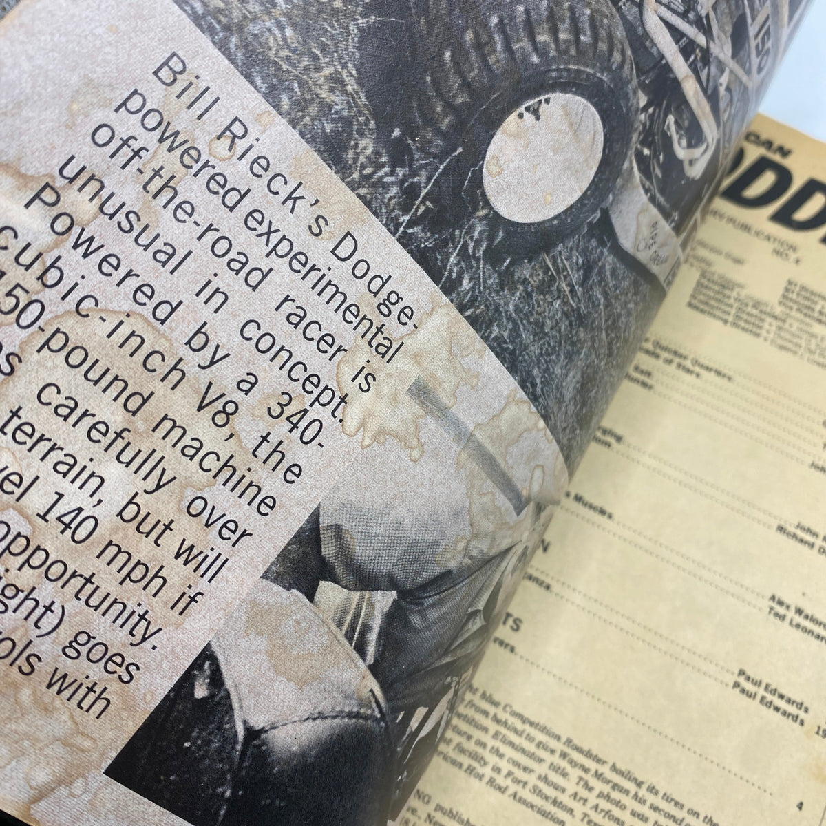 Inside pages of the VTG American Rodding Magazine, December 1969, displaying content about Bill Rieck's experimental off-road racer and vintage automotive insights.