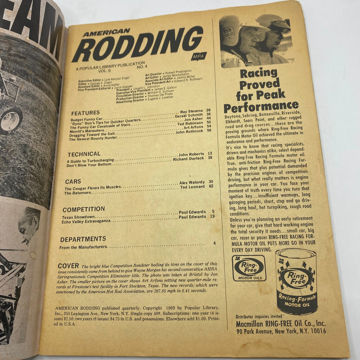 Interior page of VTG American Rodding Magazine December 1969 showcasing features, technical insights, and cars, highlighting the Blue Competition Roadster and automotive culture of the era.