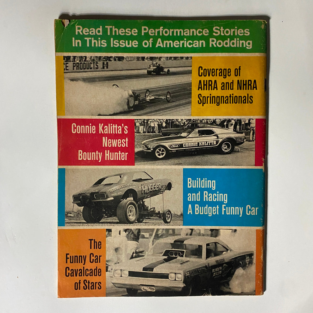 Cover of VTG American Rodding Magazine December 1969 featuring the Blue Competition Roadster and performance stories including Connie Kalitta's Bounty Hunter and Funny Car Cavalcade.