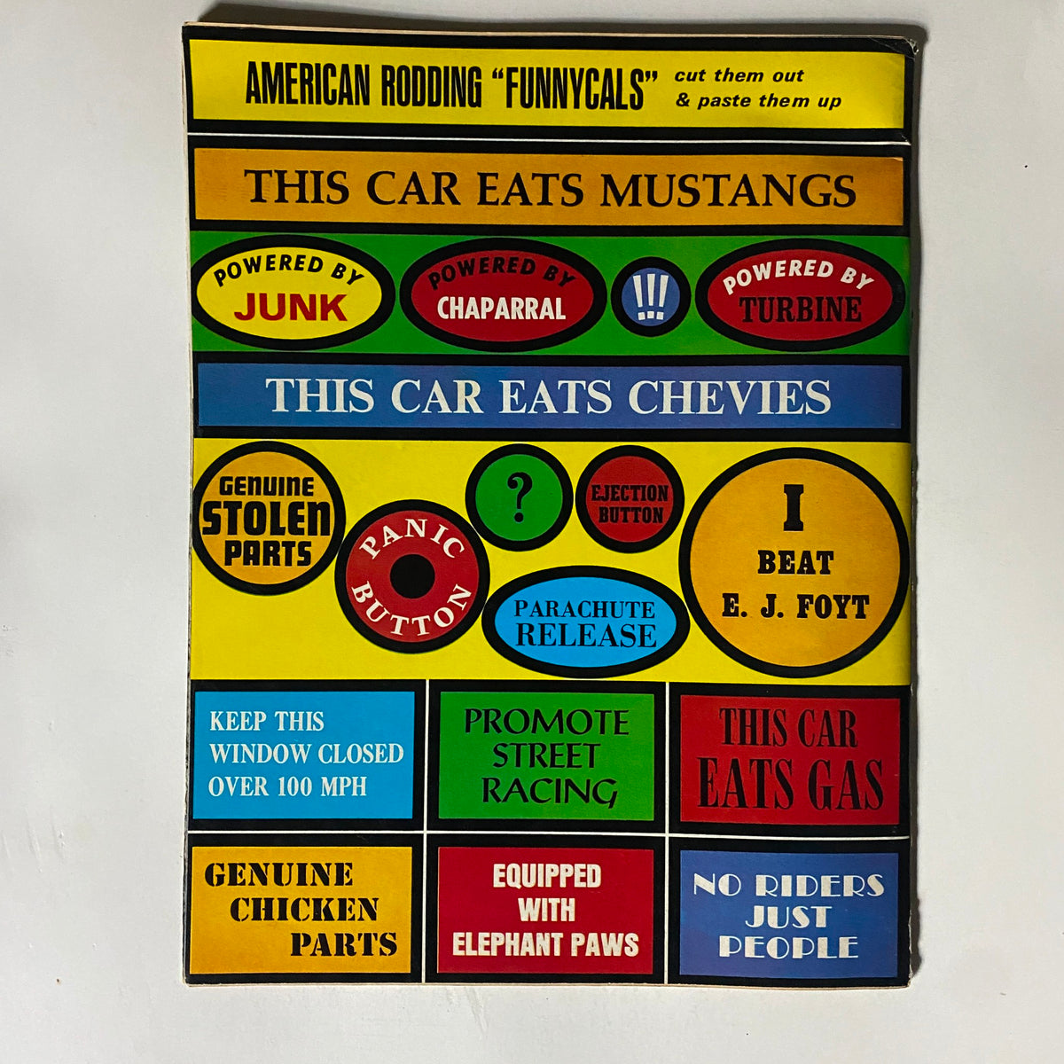 Cover of VTG American Rodding Magazine December 1967 depicting humorous car stickers with phrases like 'This Car Eats Mustangs' and 'Genuine Chicken Parts', showcasing the playful culture of 1960s American rodding.