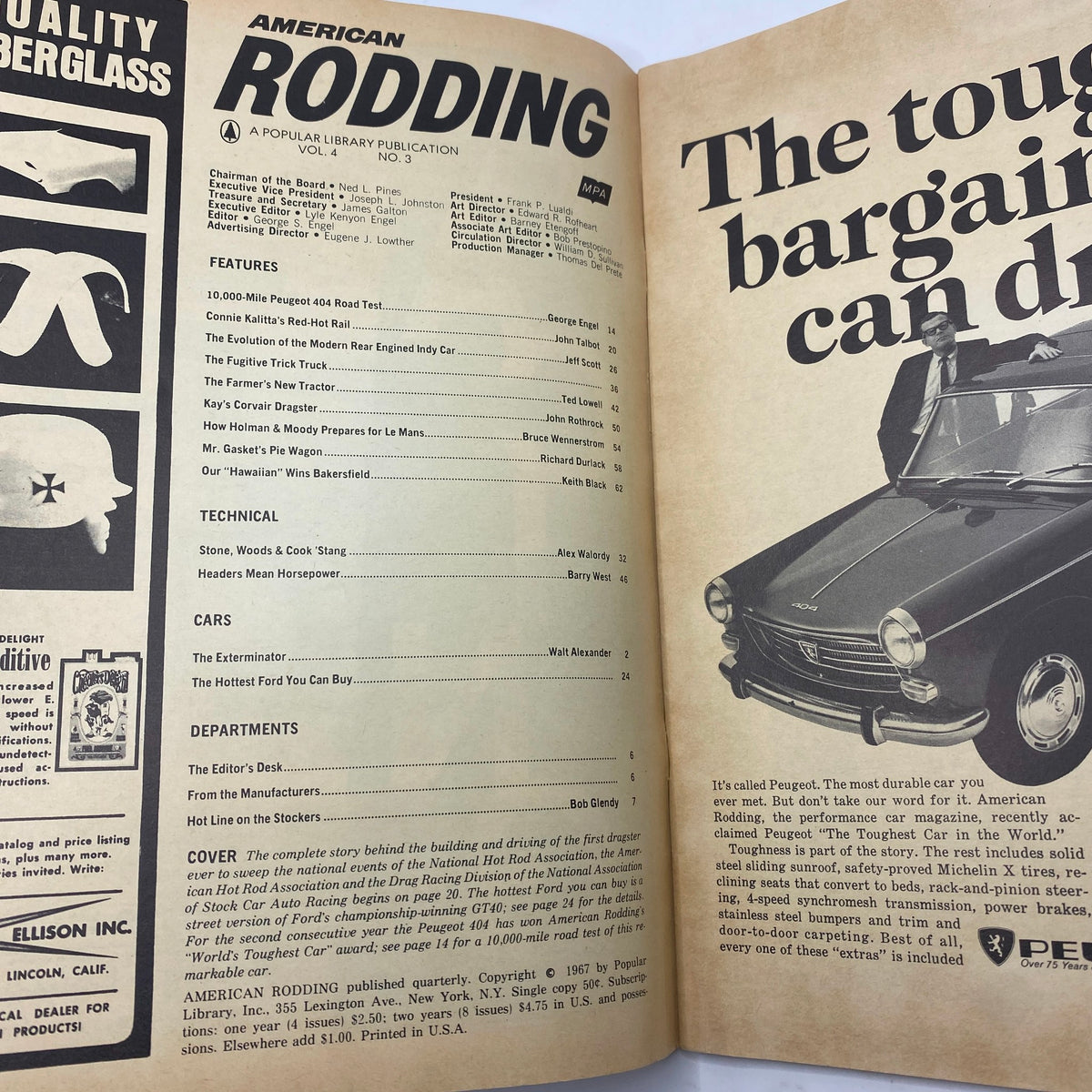 Inside page of VTG American Rodding Magazine from September 1967, displaying the magazine's features including articles on Connie Kalitta and automotive technical insights.