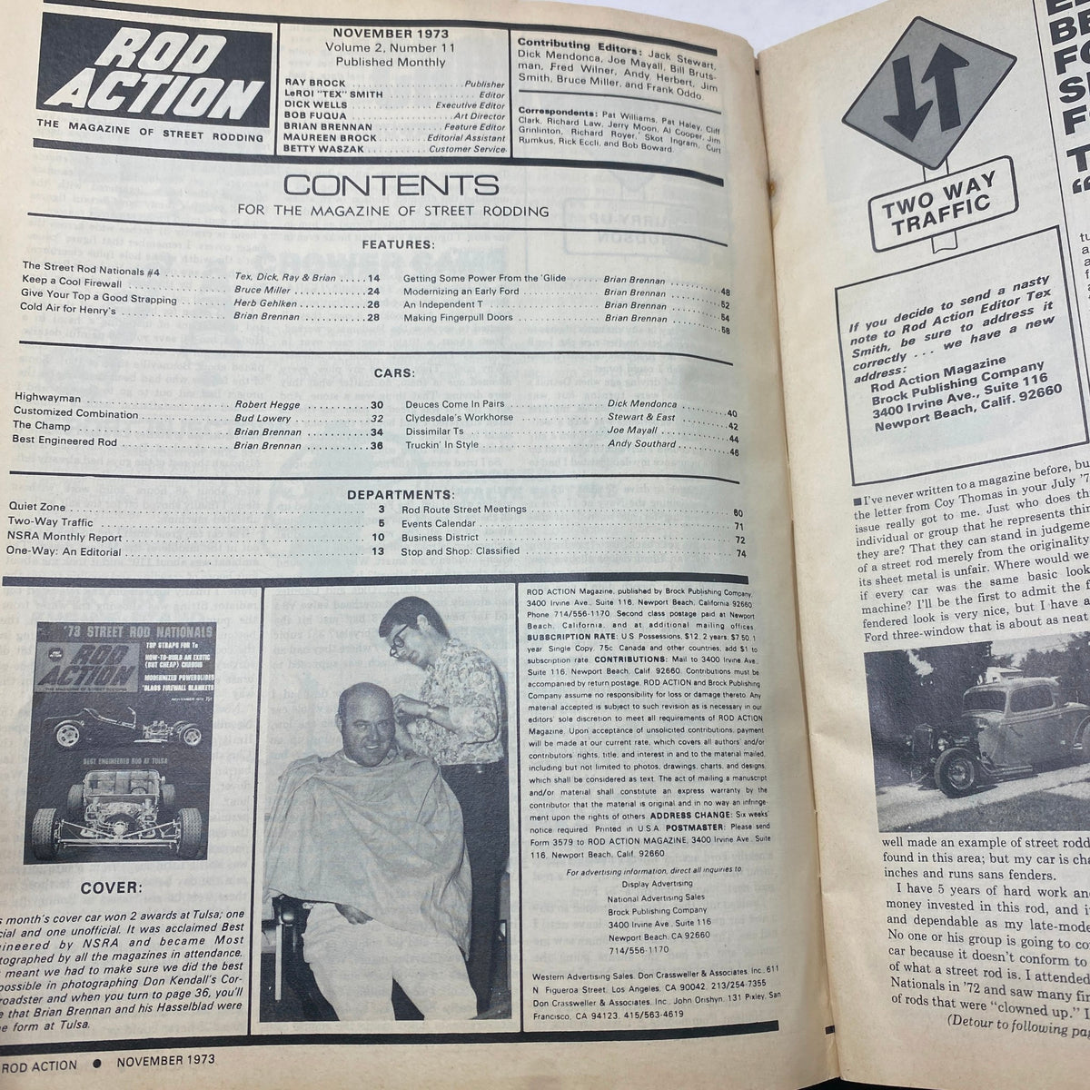 VTG Rod Action Magazine November 1973 interior contents page showcasing features and articles related to street rodding.