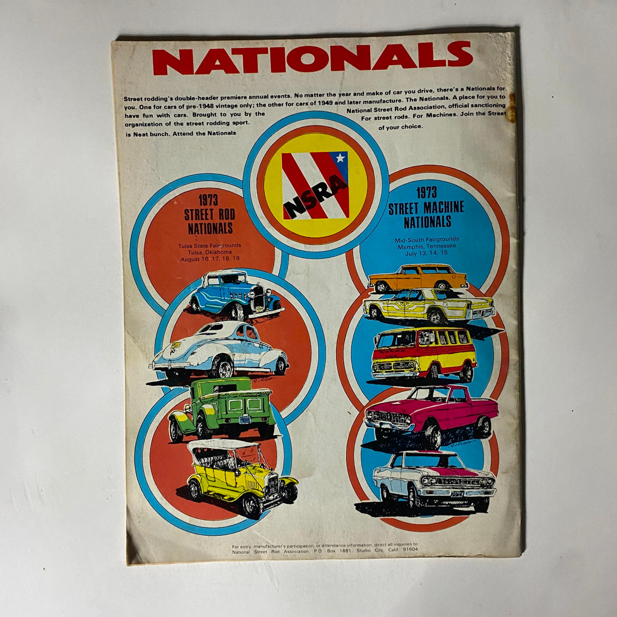 Back cover of the February 1973 Rod Action Magazine, promoting the NSRA Nationals events with colorful vintage car illustrations.