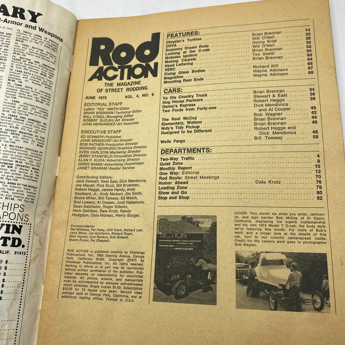 Inside page of VTG Rod Action Magazine June 1975 showing the editorial staff and contents list including features on Chrysler's Turbo and profiles of Bob McCoy.