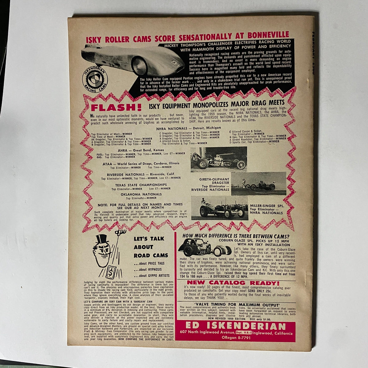 Vintage magazine page from VTG Rod Builder Magazine February 1960, featuring an advertisement for Isky Roller Cams and details about major drag racing events including NHRA Nationals and Riverside Nationals. Highlights the significance of Isky equipment in drag racing history, relevant to collectors and automotive enthusiasts.