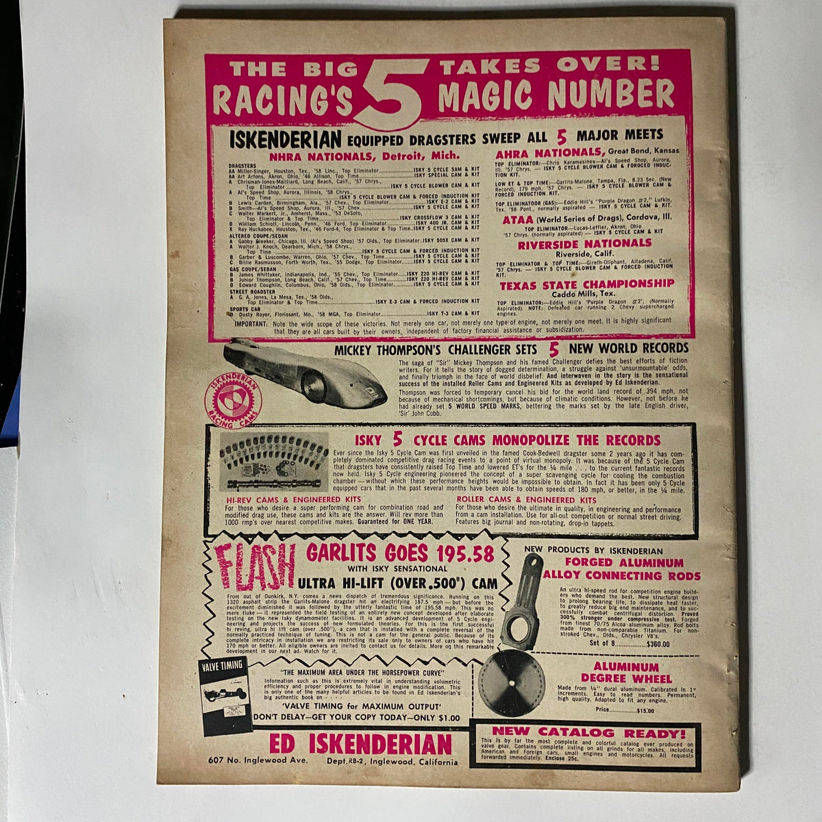 Back cover of the Vintage Rod Builder Magazine March 1960 highlighting racing achievements and advertisements, enhancing the collectible value of the issue titled 'Ford V8 in Your Falcon'.