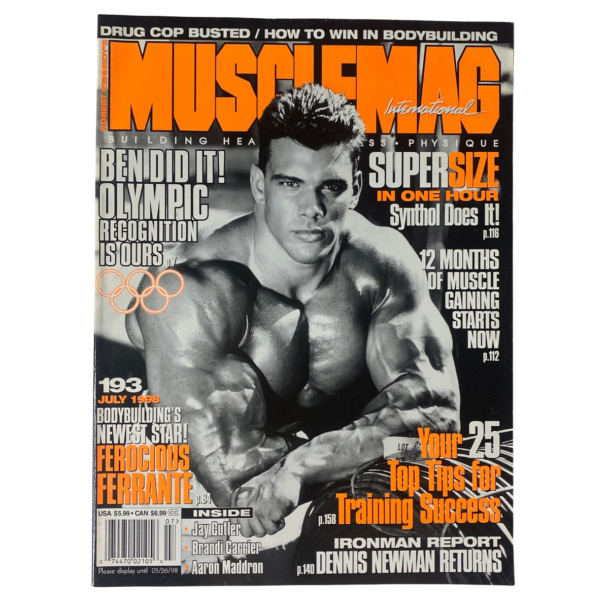 Cover of MuscleMag International Magazine, July 1998 No. 193 featuring Frank Sepe, showcasing bodybuilding tips and highlights from various fitness experts.