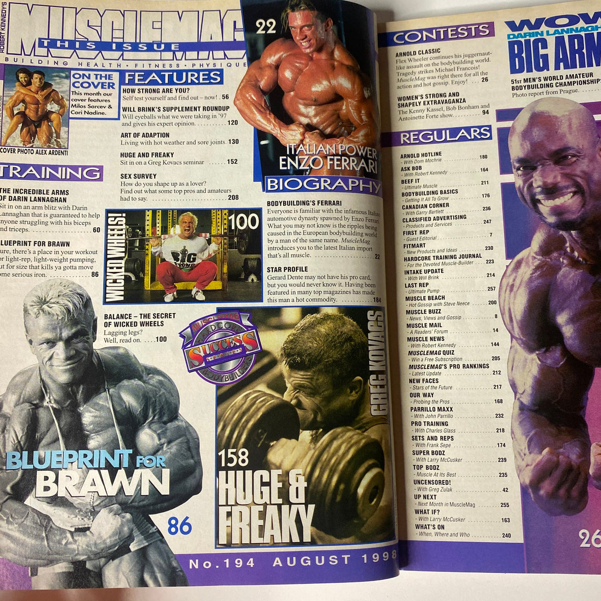 Inside pages of MuscleMag International Magazine August 1998 No. 194 displaying content highlights including articles on training, biographies, and bodybuilding tips in a visually engaging layout.