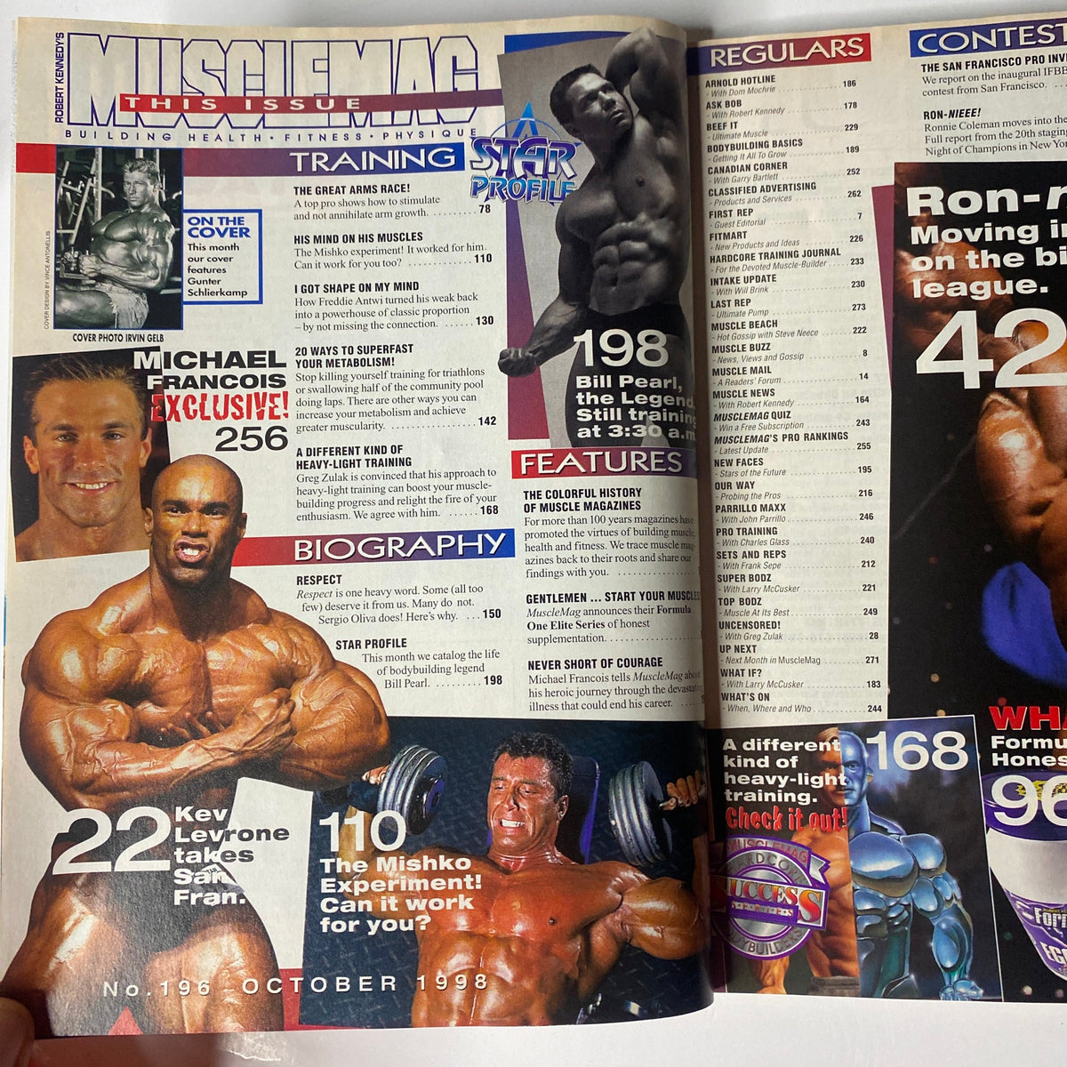 Interior page of MuscleMag International Magazine from October 1998 No. 196, highlighting articles on bodybuilding training, nutritional supplements, and athlete profiles.