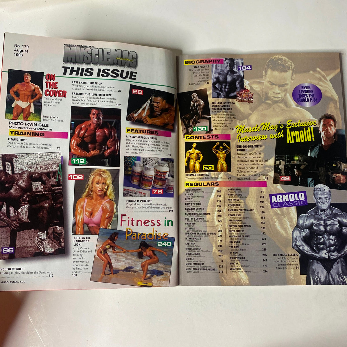 MuscleMag International Magazine August 1996 No. 170 featuring Jay Cutler on the cover, highlighting training strategies, supplements, and bodybuilding contests. Inside details about fitness and profiles on bodybuilding legends.