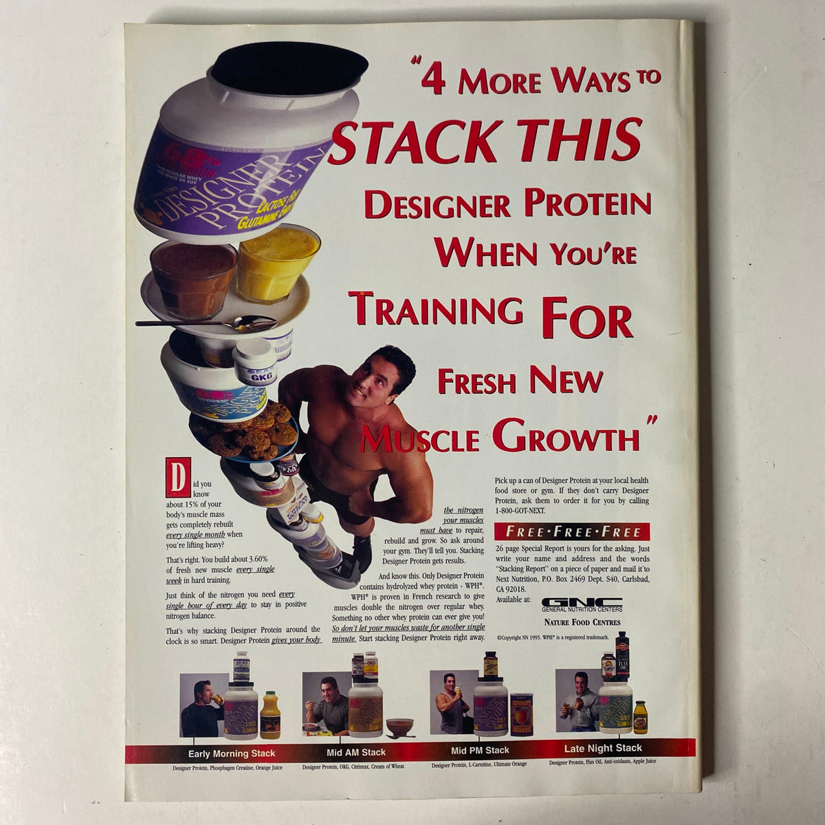 MuscleMag International Magazine March 1996 featuring an advertisement illustrating protein stacking options for muscle growth, highlighting various protein supplement products, with a fit male model demonstrating fitness and nutrition tips.
