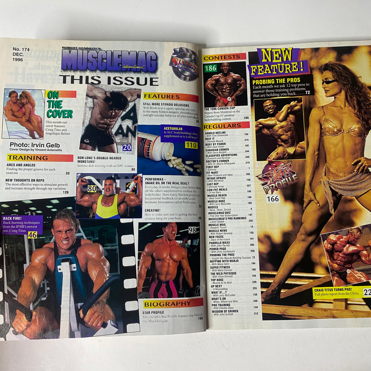 Inside spread of MuscleMag International Magazine December 1996 highlighting features on bodybuilding, contests, and training articles.