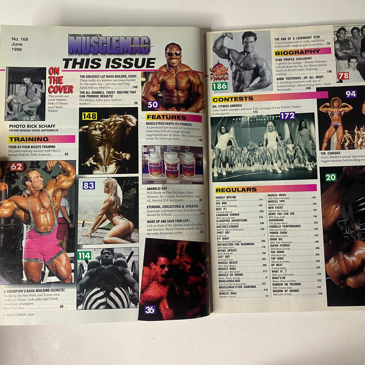 Inside pages of MuscleMag International Magazine, June 1996 featuring articles and images related to bodybuilding contests and training.