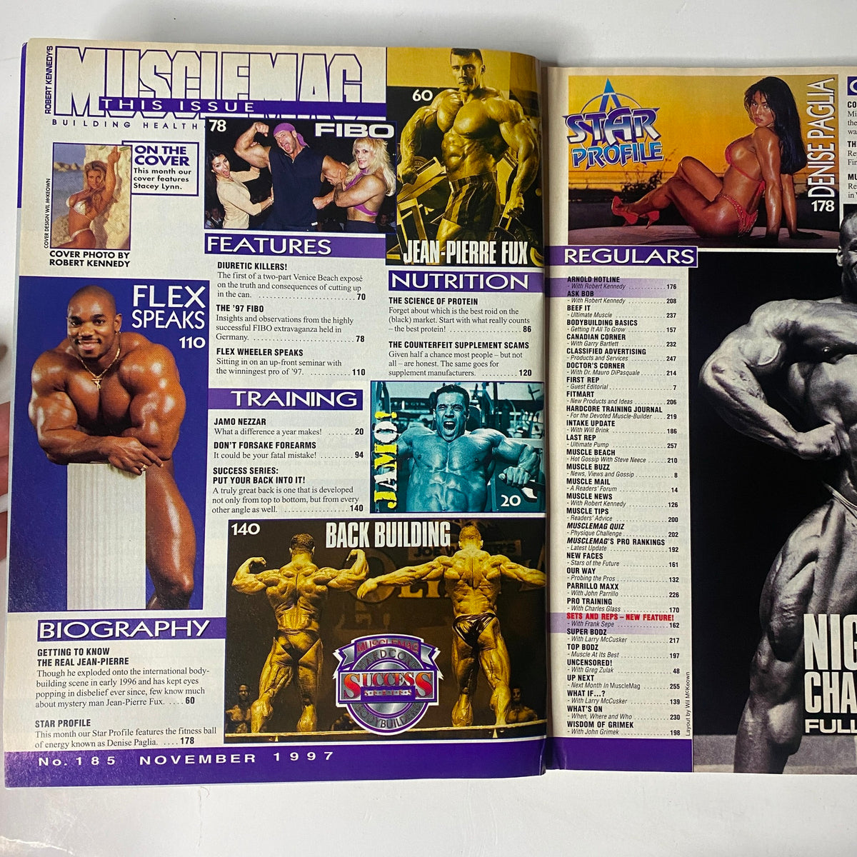 MuscleMag International Magazine November 1997, No. 185, showcasing various articles and sections focused on bodybuilding, fitness, and health, featuring prominent models and a highlight on the contents of the issue.