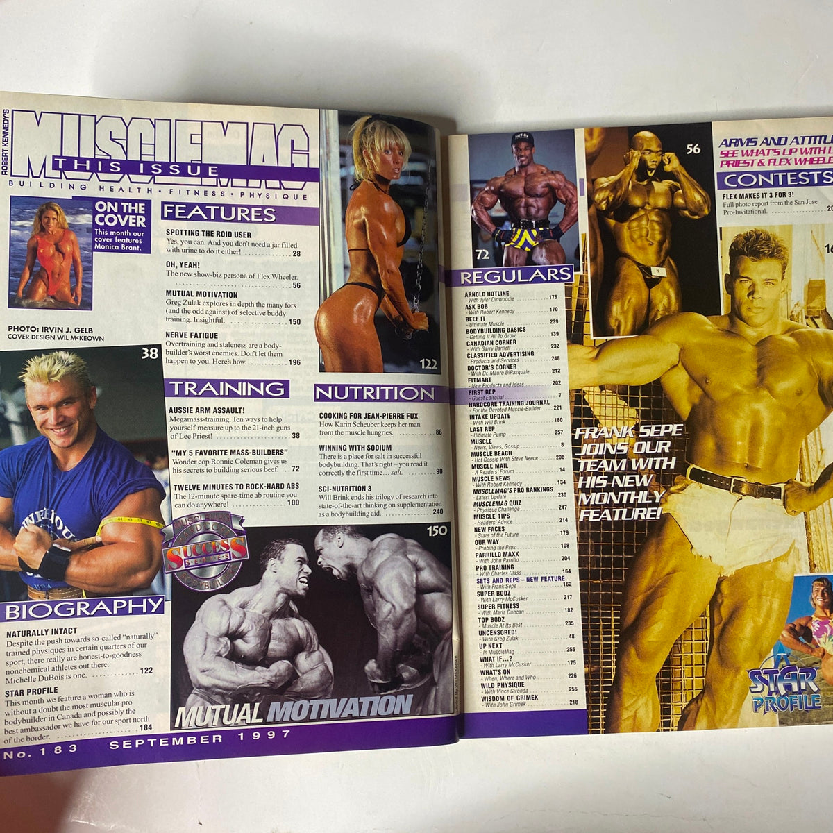 Inside layout of MuscleMag International Magazine September 1997 No. 183, highlighting contents and features about bodybuilding and fitness.