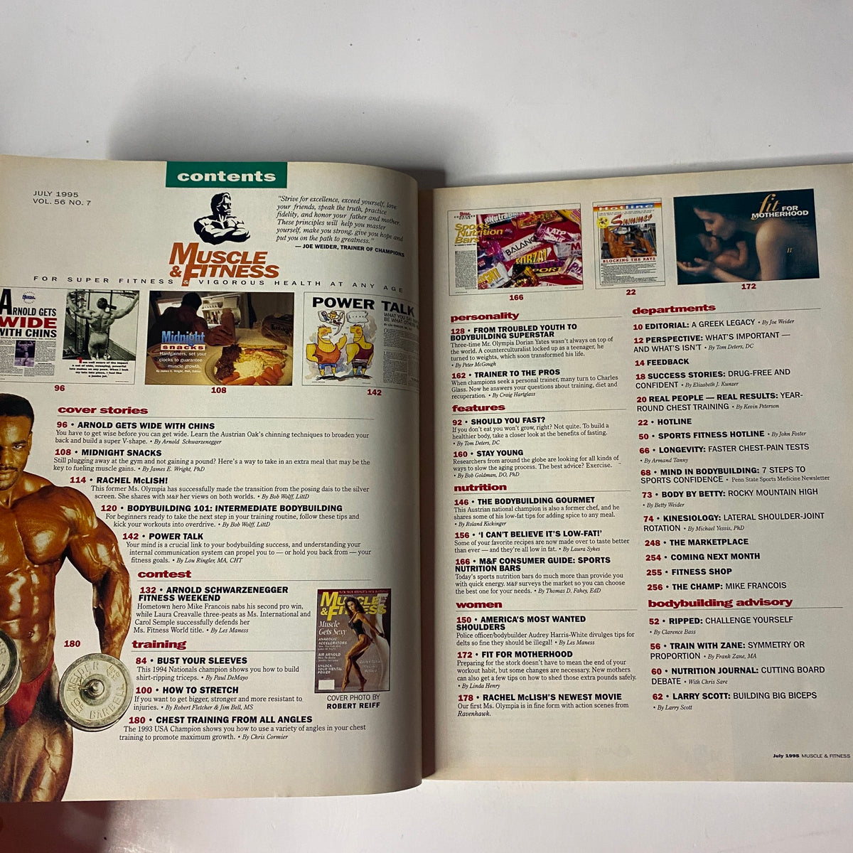 Muscle & Fitness Magazine July 1995 contents page featuring articles on bodybuilding including Arnold Schwarzenegger's training tips, 'Power Talk', and profiles of champions.