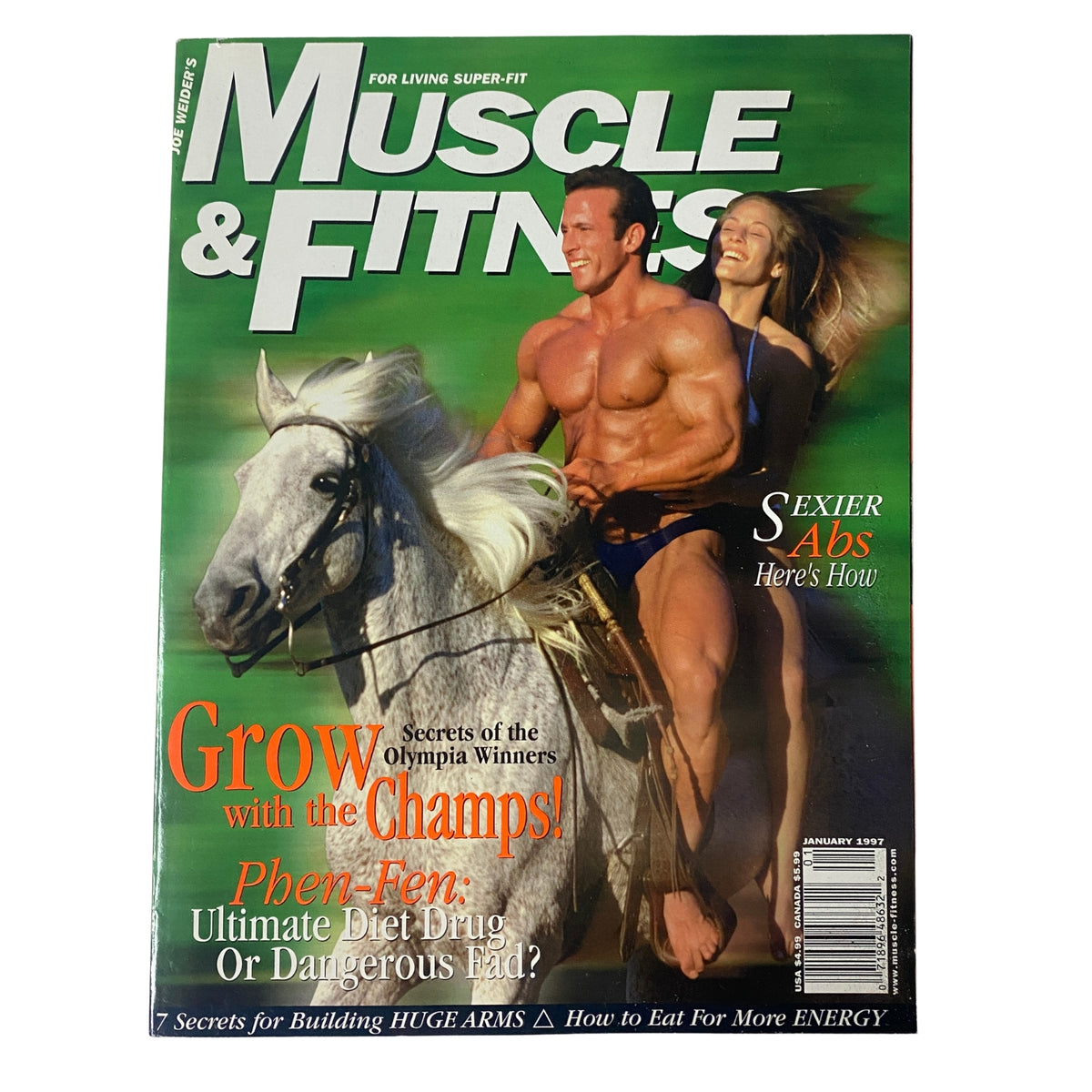 Cover of Muscle & Fitness Magazine January 1997, Vol 58 No. 1 featuring bodybuilder on a horse and a model, emphasizing fitness and bodybuilding topics.