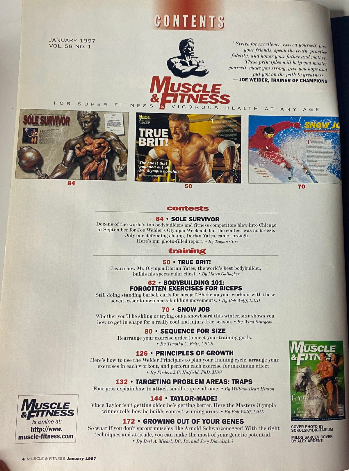 Contents page of Muscle & Fitness Magazine January 1997, Vol 58 No. 1 listing articles on bodybuilding, training, nutrition, and more.