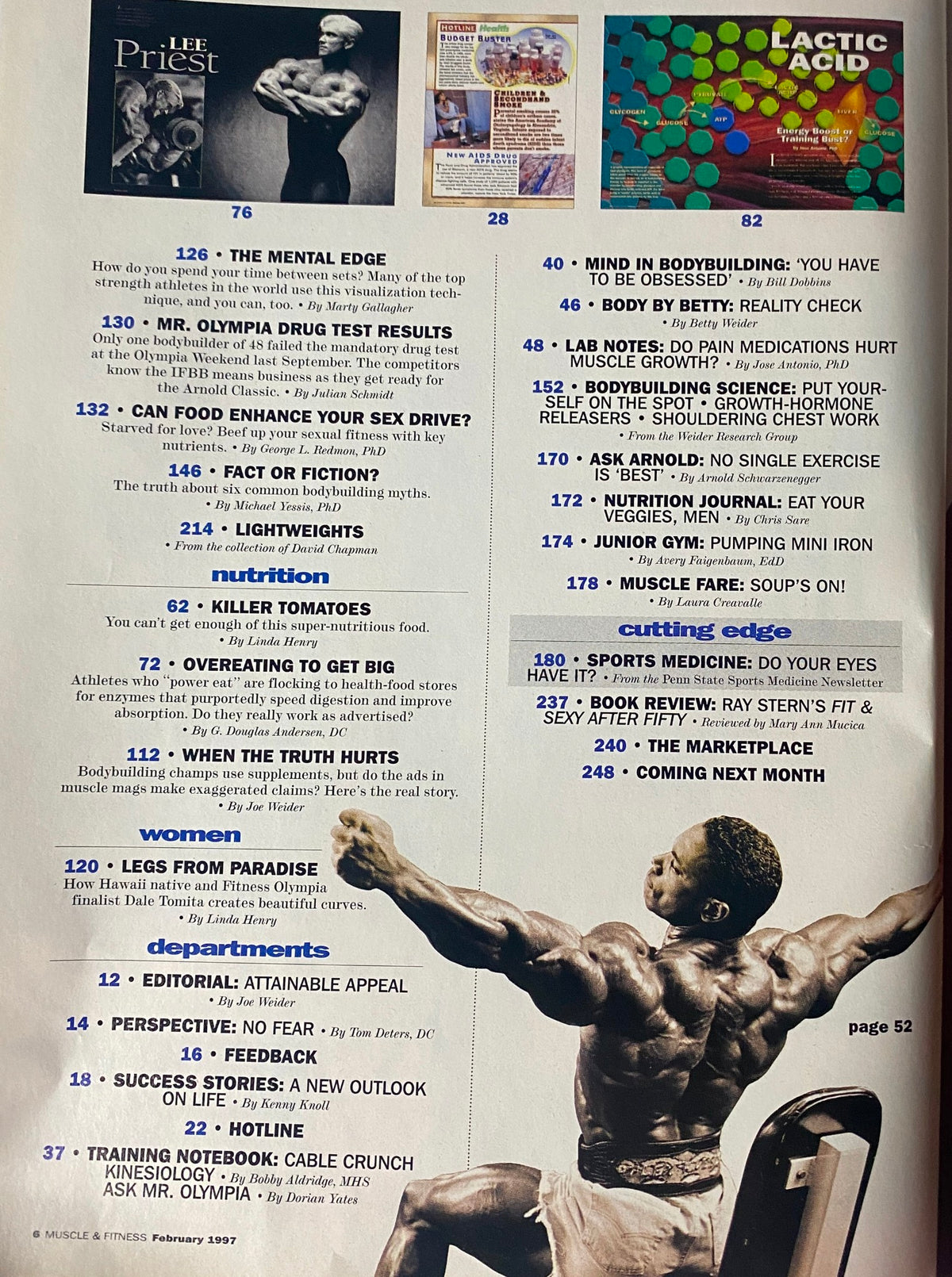 Page listing various articles from Muscle & Fitness Magazine February 1997 Vol 58 No. 2 covering topics such as muscle development, sex drive enhancement, and nutrition for bodybuilders.