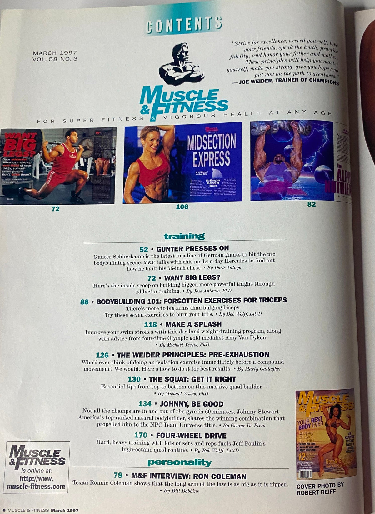 Contents page of Muscle & Fitness Magazine, March 1997 (Vol. 58, No. 3), listing articles on bodybuilding training and nutrition strategies.