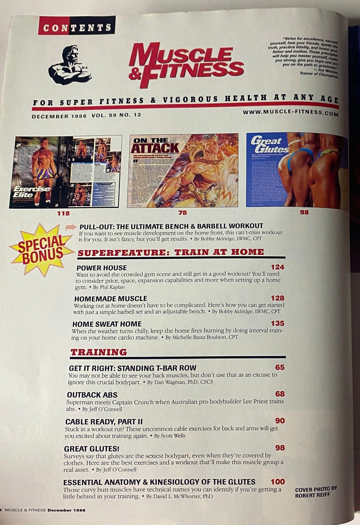 Muscle & Fitness Magazine December 1998 Home Training Guide, showcasing contents including articles on home workouts, exercises, and fitness tips. 17-page feature dedicated to training at home with expert advice.