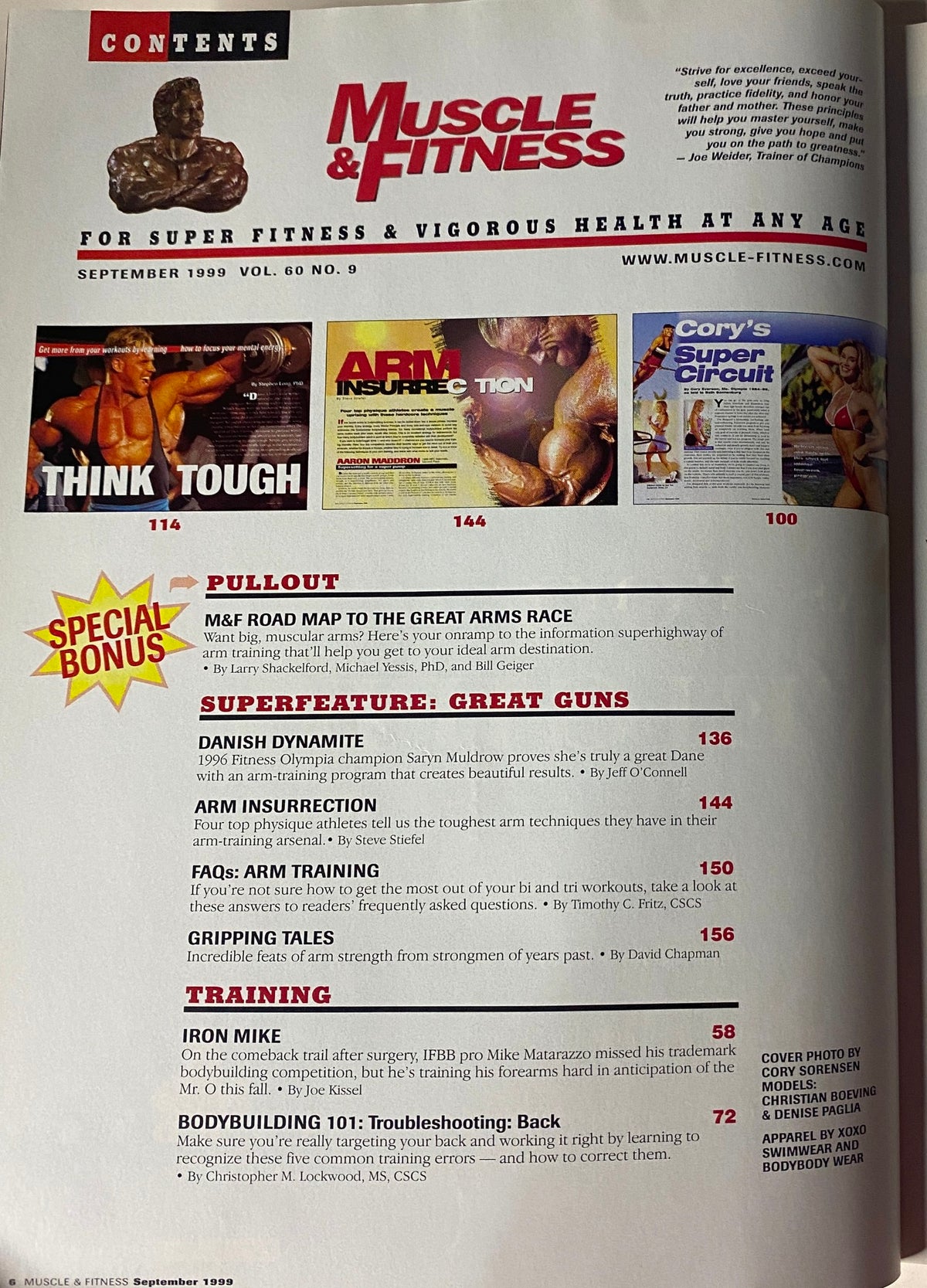 Contents page of Muscle & Fitness Magazine - September 1999 detailing articles on arm training, nutrition, and special features, emphasizing mental toughness and exercise routines.