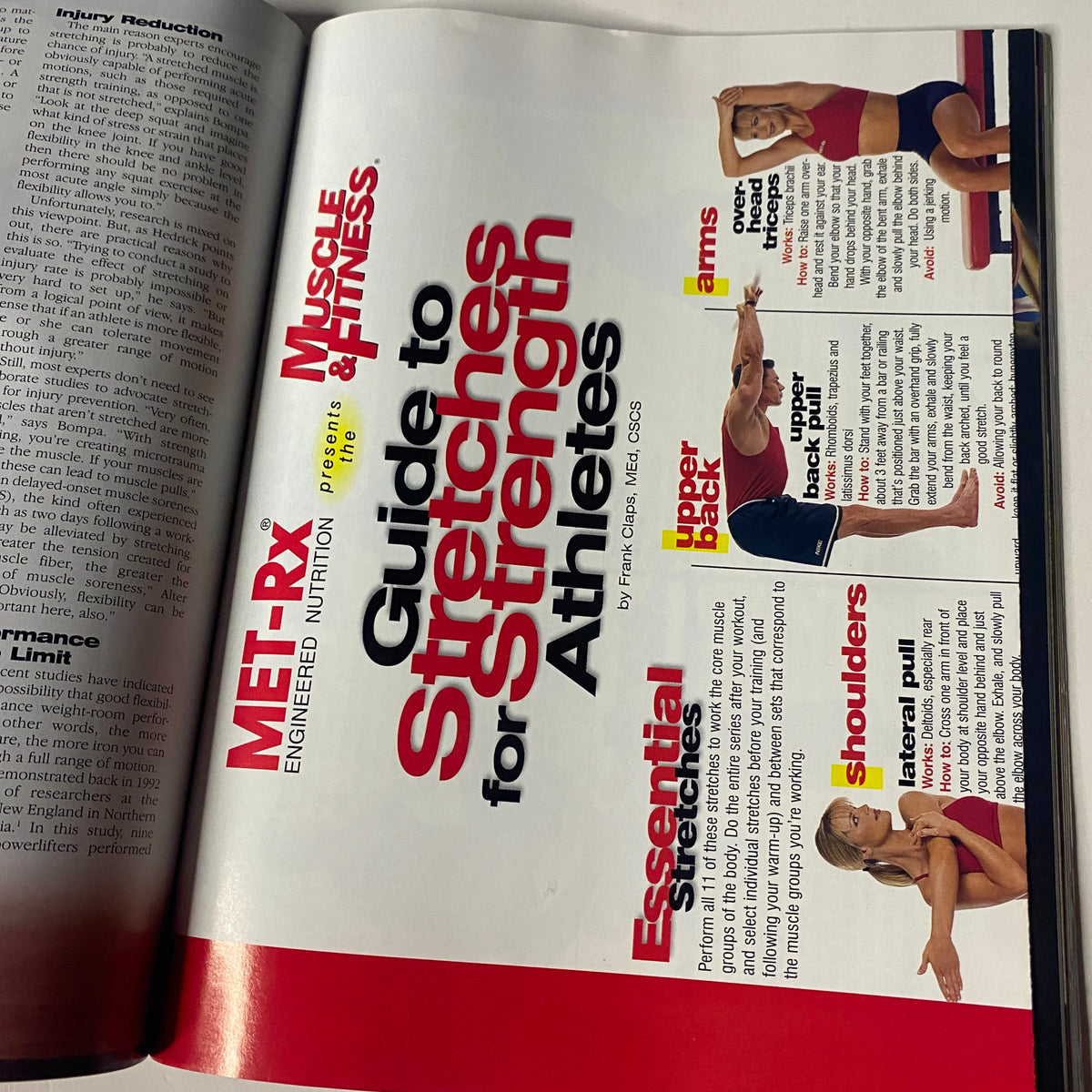 Article page from Muscle & Fitness Magazine October 1999 titled 'Guide to Stretches for Strength Athletes' showcasing essential stretches and fitness advice.