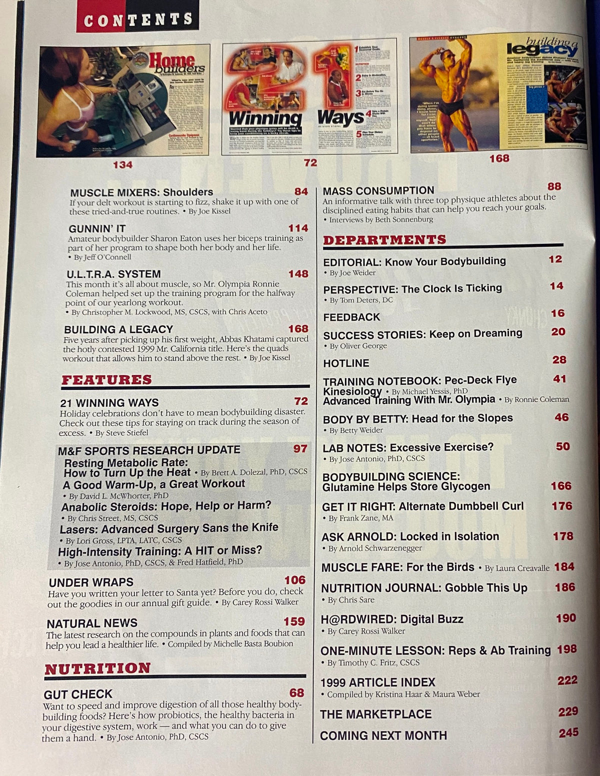 Second contents page of Muscle & Fitness Magazine December 1999, showcasing features like 21 Winning Ways to stay on track during the holidays.