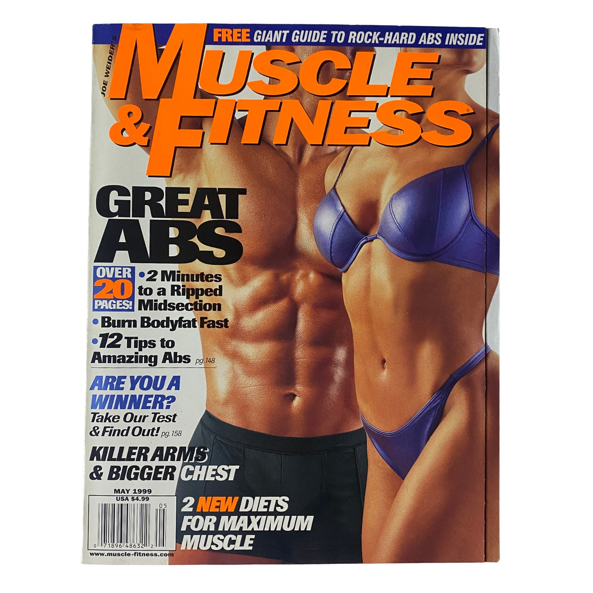 Muscle & Fitness Magazine May 1999 featuring Mike O'Hearn and Mary Yockey on the cover, showcasing topics on bodybuilding, nutrition, and abs training, with an emphasis on achieving a ripped midsection.