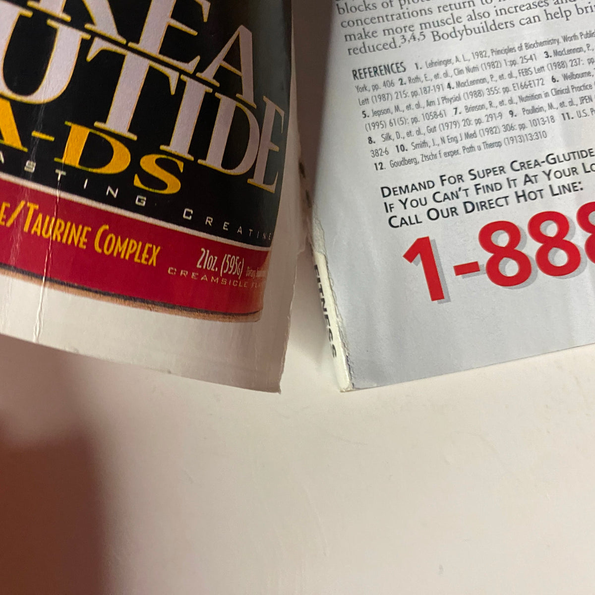 Detail from Muscle & Fitness Magazine April 1999 featuring product information on Super Crea-Glutide. The image highlights a creatine supplement advertisement with contact details for orders.