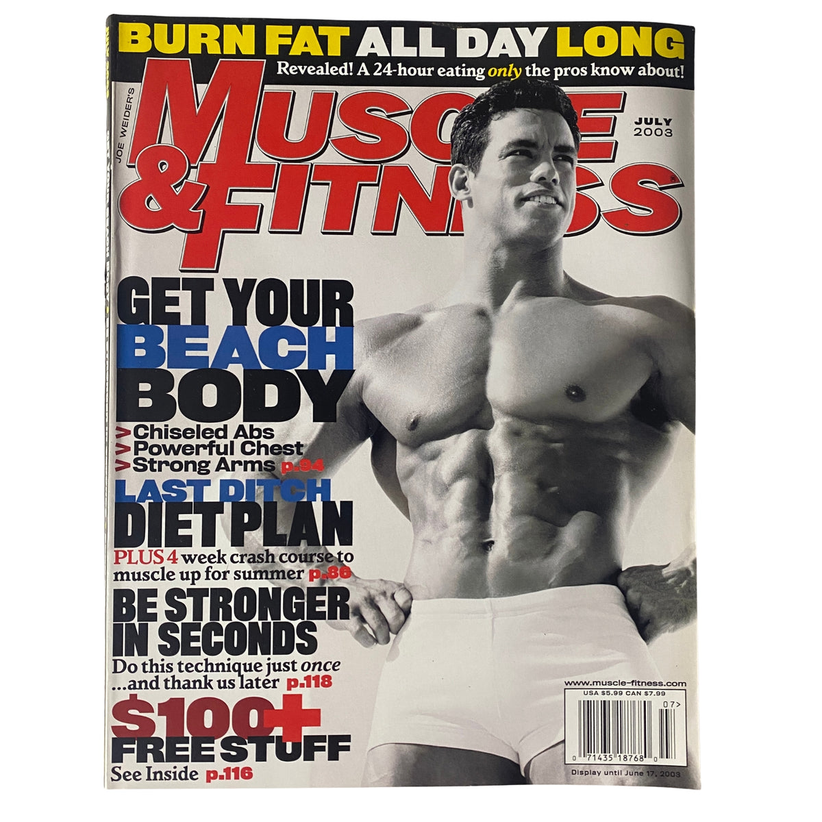 Cover of Muscle & Fitness Magazine July 2003 Vol 64 No. 7 featuring a muscular male model highlighting fitness tips, summer body preparations, and workout routines.